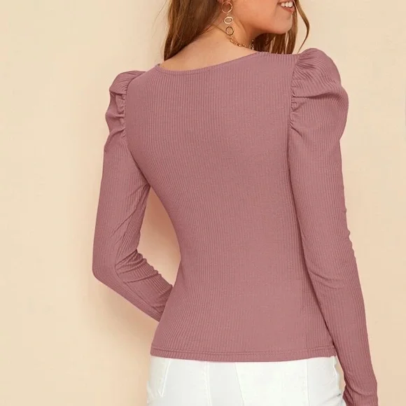 NWOT SHEIN Dusty Rose Notch Neck Gigot Sleeve Rib-Knit Tee Size S - Picture 2 of 9